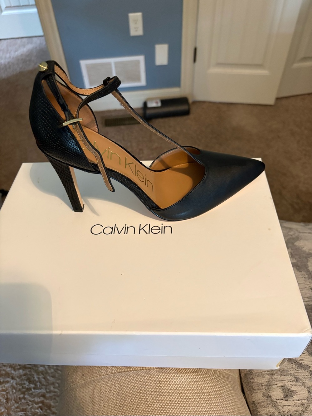 Calvin Klein Black T-Strap Pointed Toe High Heels
